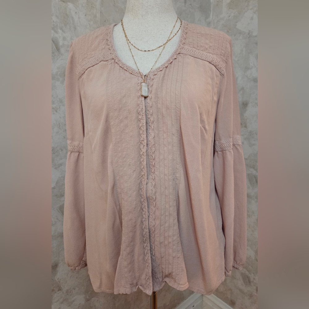 LOGO Lavish by Lori Goldstein Blush Pink Boho Peasant Blouse XL Lace Trim Rayon